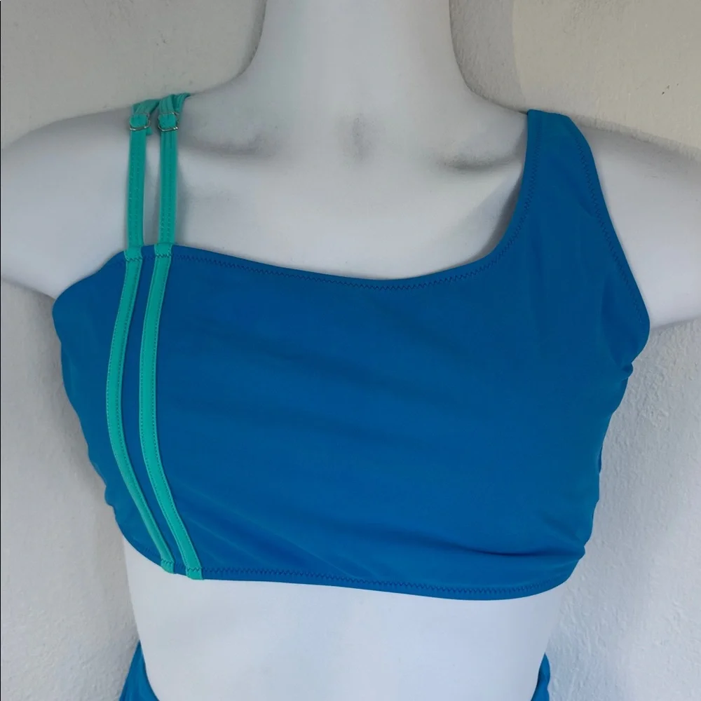 Blue asymmetrical strappy stripe print high waist two piece swimsuit size XL
